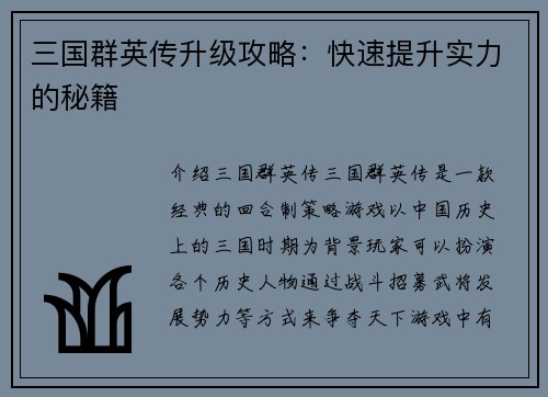 三国群英传升级攻略：快速提升实力的秘籍